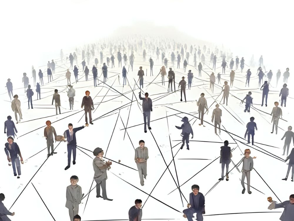 Illustration von zahlreichen Menschen, die durch ein Netzwerk aus Linien miteinander verbunden sind.