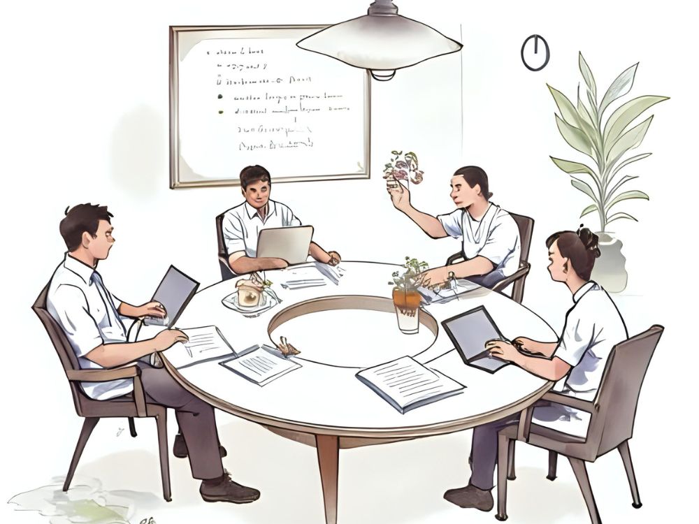 Vier Personen sitzen in einem modernen Besprechungsraum an einem runden Tisch und diskutieren Strategien zur sozialen Innovation und Verbesserung der Organisationskultur.