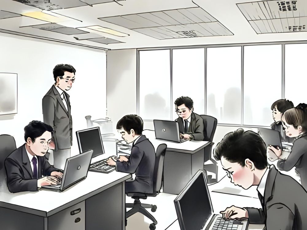 Illustration of office workers collaborating on laptops in a modern, bright workplace setting.