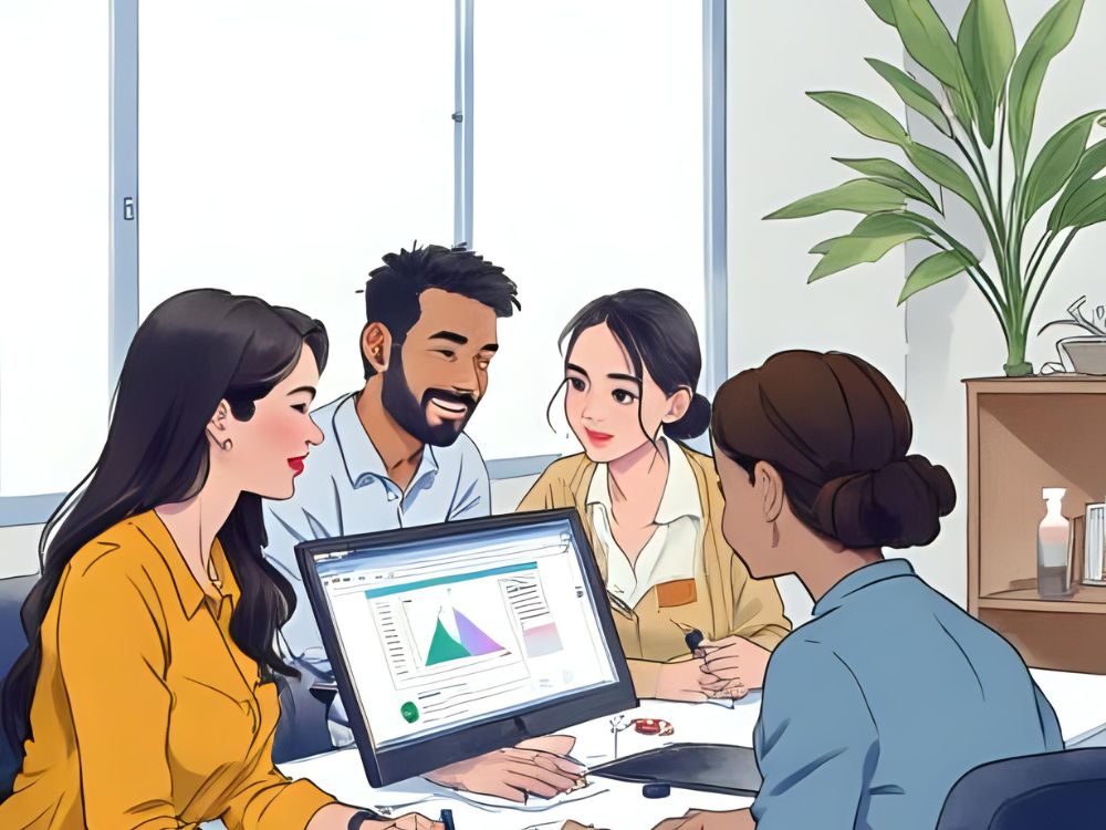 A diverse group of colleagues discusses social innovation strategies around a computer displaying a colorful organizational culture chart.