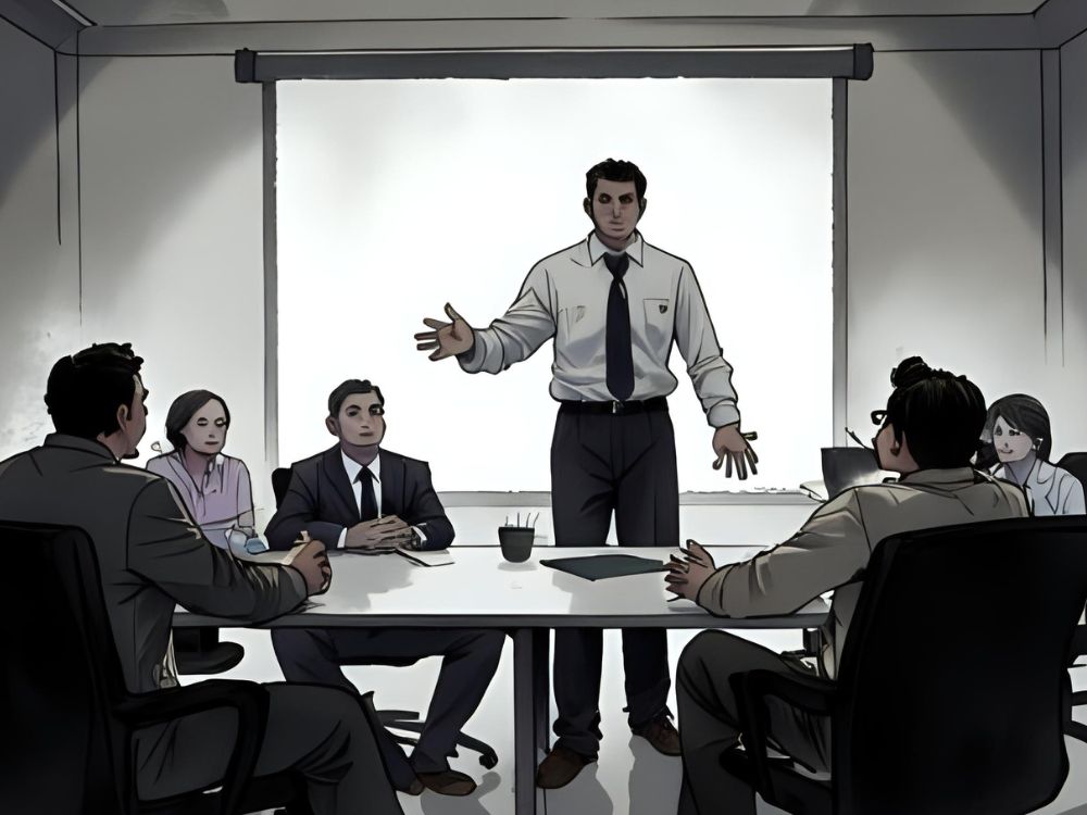 A man leads a team meeting in a corporate boardroom setting focused on social innovation and organizational culture.