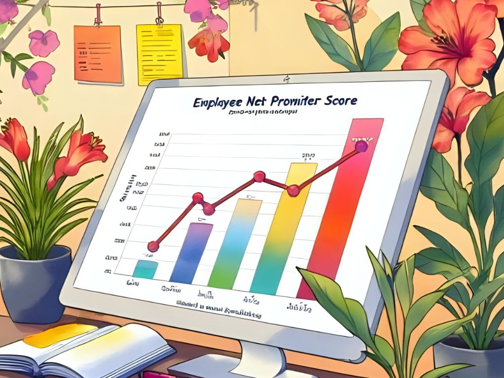 Monitor met kleurrijke grafiek van de Employee Net Promoter Score (ENPS-22) in een bloemrijke kantooromgeving.