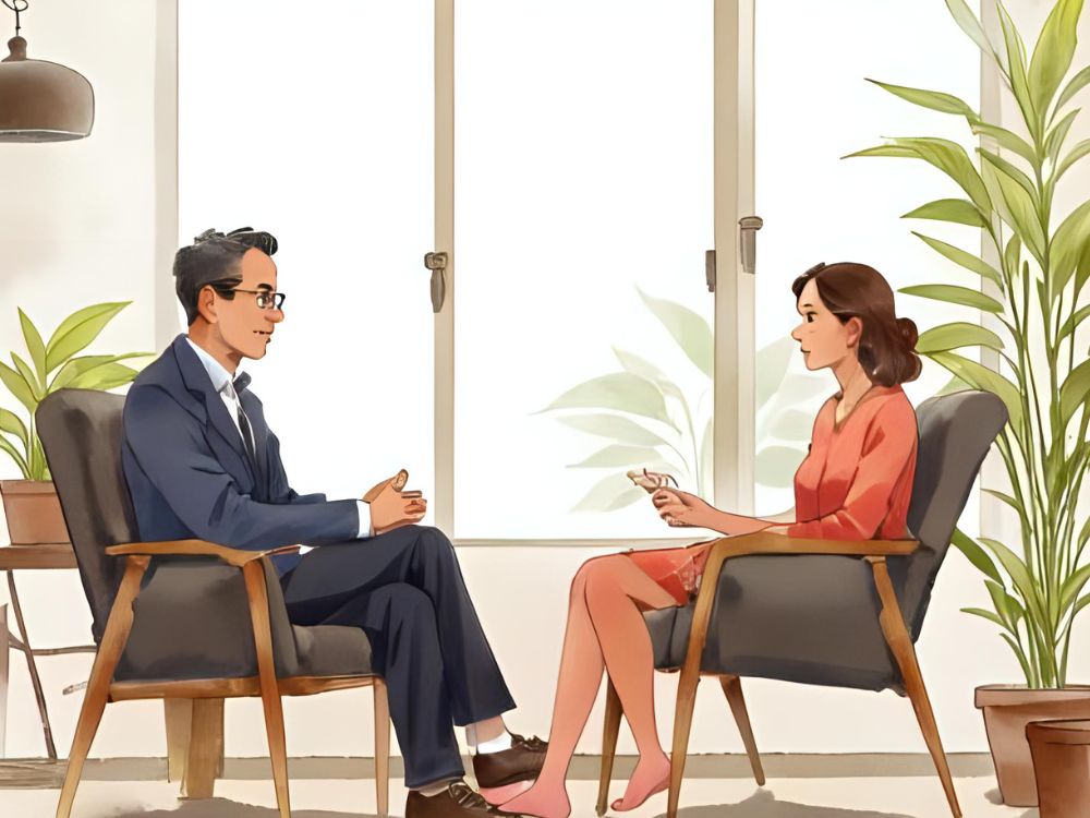Twee personen voeren een serieus gesprek in een moderne kantoorruimte omringd door planten.