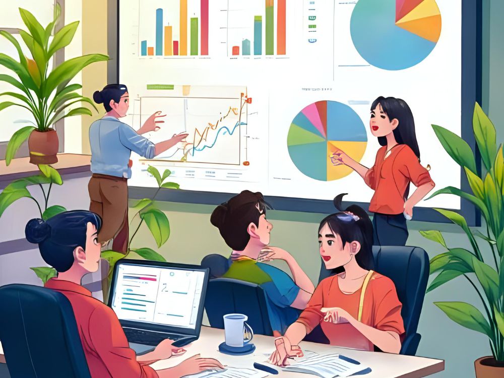 Illustratie van een HR-team dat tijdens een vergadering samenwerkt en grafieken bespreekt op een groot scherm.