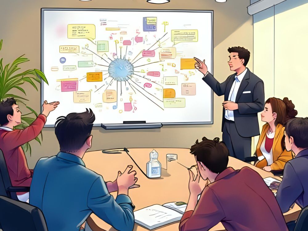 Een man in pak geeft een presentatie over het EVP-22 concept aan een team in een vergaderruimte.