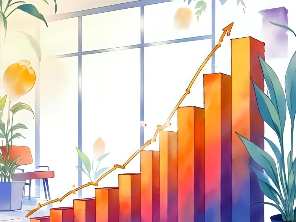 Colorful bar chart with upward arrow representing business growth in a bright office setting with plants.