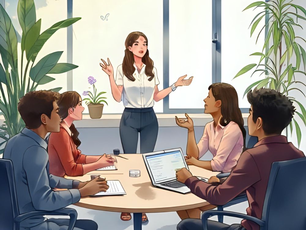 A woman is giving a presentation to four colleagues during a team meeting in a bright, modern office.