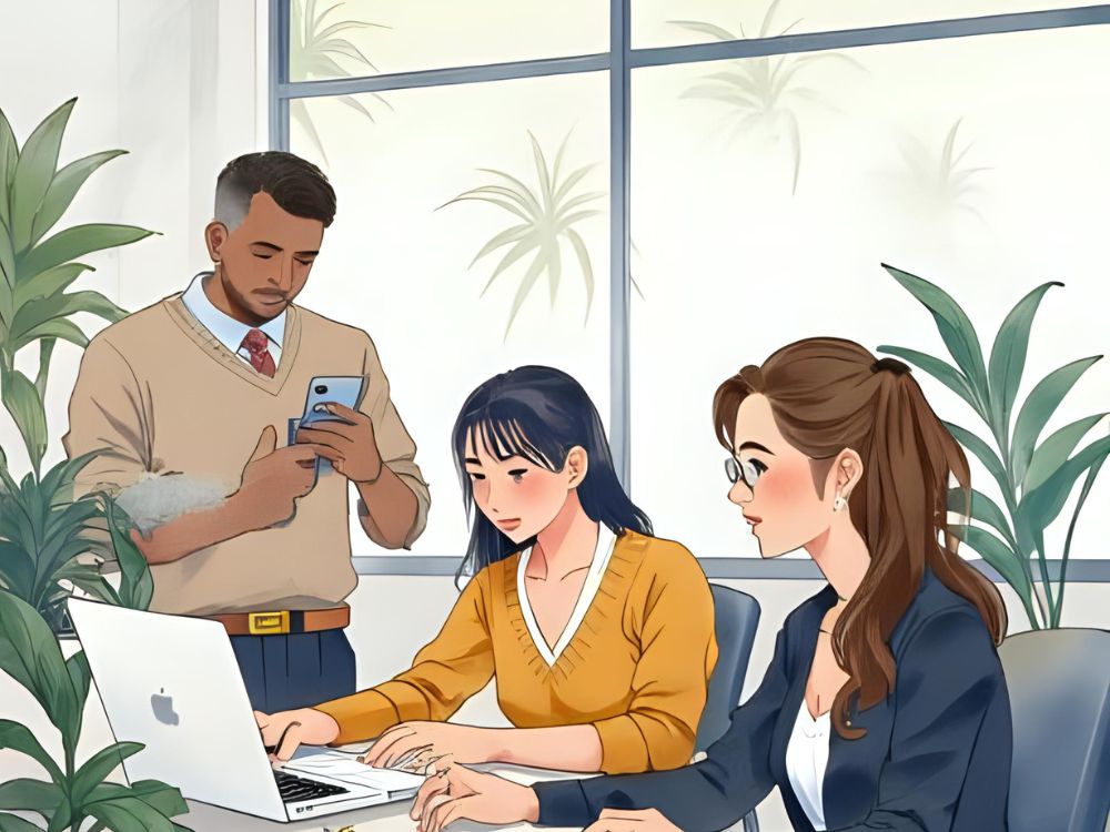 Drie collega's werken samen aan een laptop in een modern kantoor met planten en grote ramen.