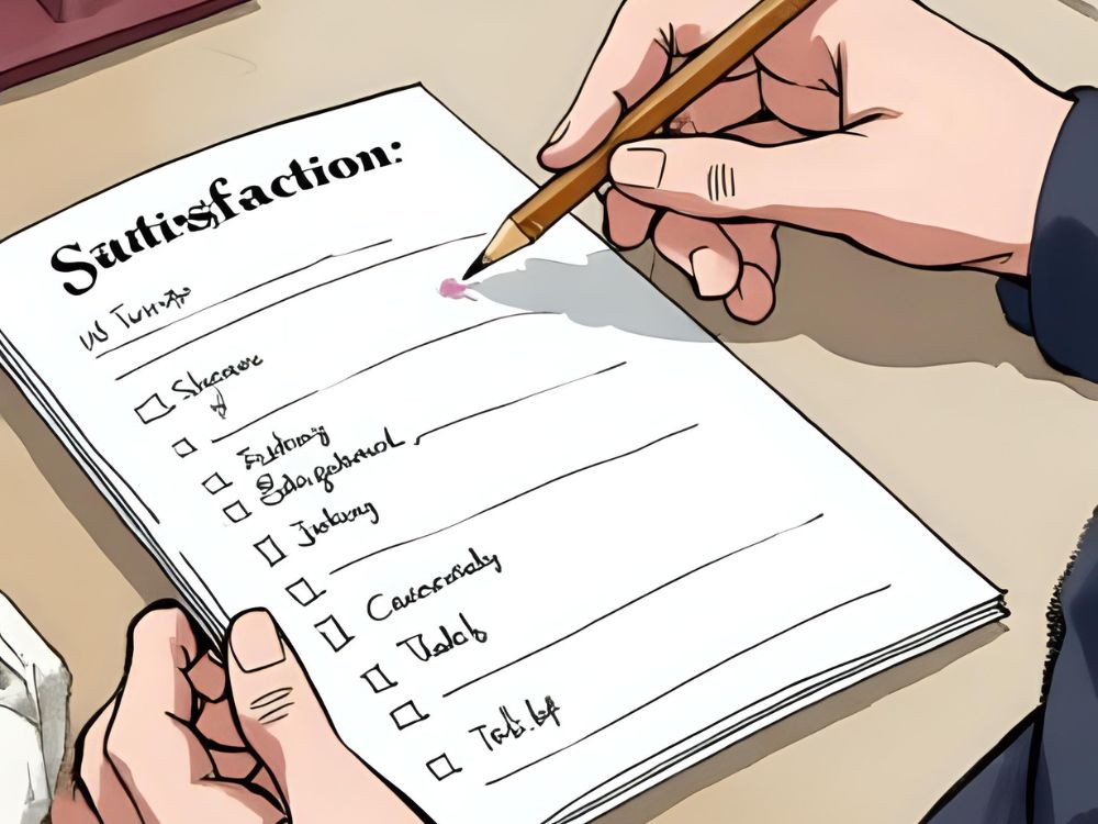 Eine Person füllt einen Zufriedenheitsfragebogen mit einer Liste zum Ankreuzen aus.