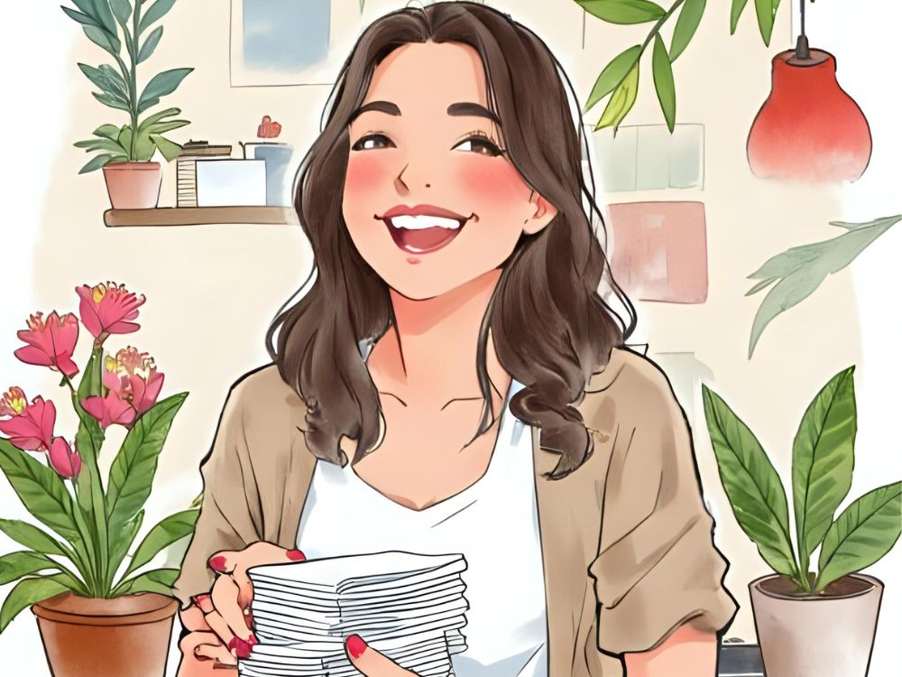 Smiling woman holding a stack of compliment cards, surrounded by indoor plants and warm decor.
