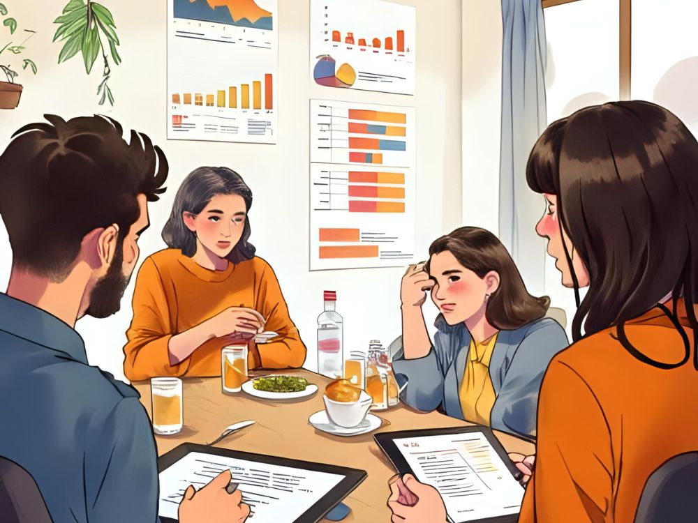 Vier collega's bespreken de resultaten van een medewerkerstevredenheidsonderzoek aan een vergadertafel met grafieken op de muur.