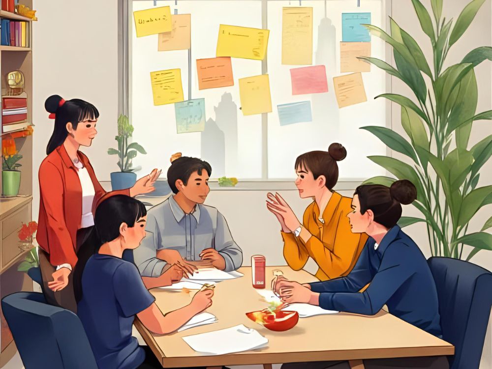 A team of five coworkers is having a discussion around a table in a brightly lit office with notes on the window.