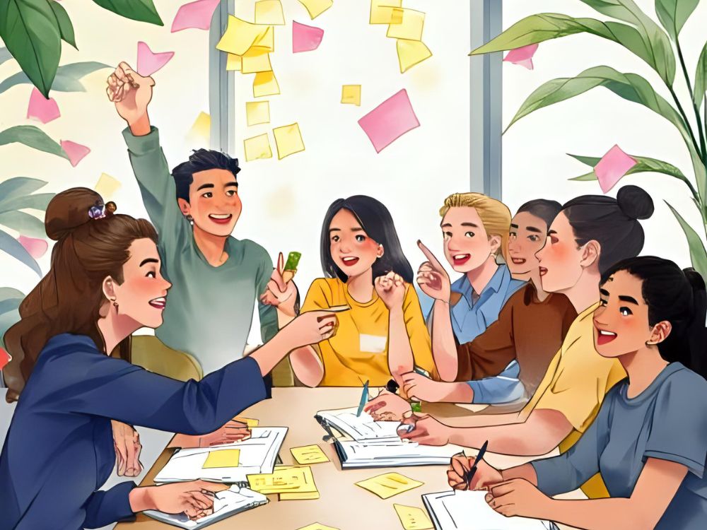 Illustratie van een enthousiaste groep mensen die samenwerkt aan een brainstormsessie met notitieboekjes en post-its.
