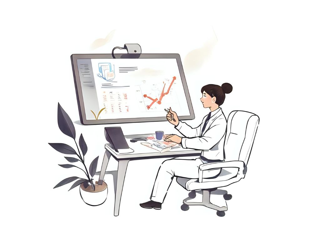 Illustratie van een vrouw die aan een bureau zit en de resultaten van een medewerkersonderzoek (MTO) analyseert op een groot scherm.