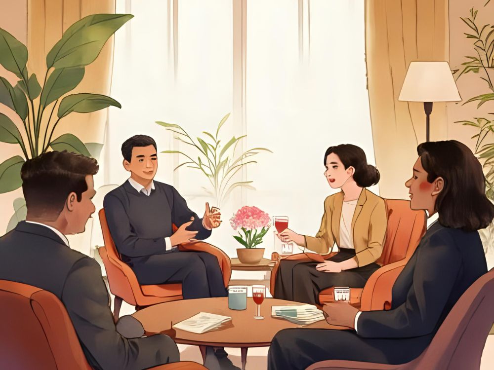 Vier mensen zitten in een comfortabele ruimte in gesprek over psychologische veiligheid.