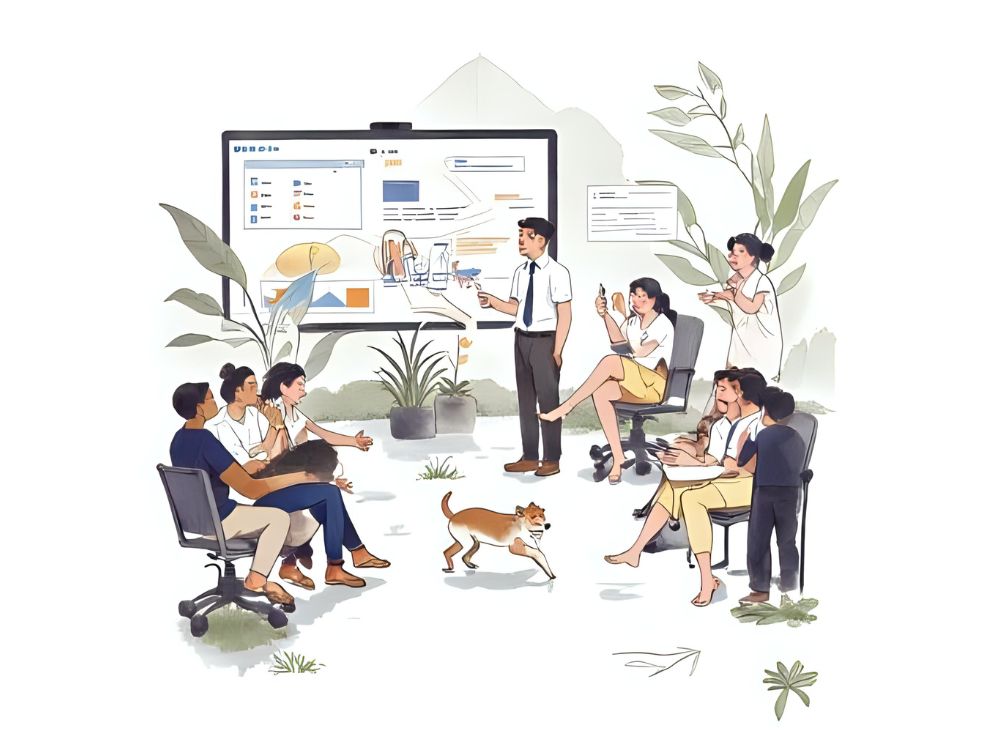 Illustration einer entspannten Büroszene, in der ein Team die Employee Experience 2024 bespricht.