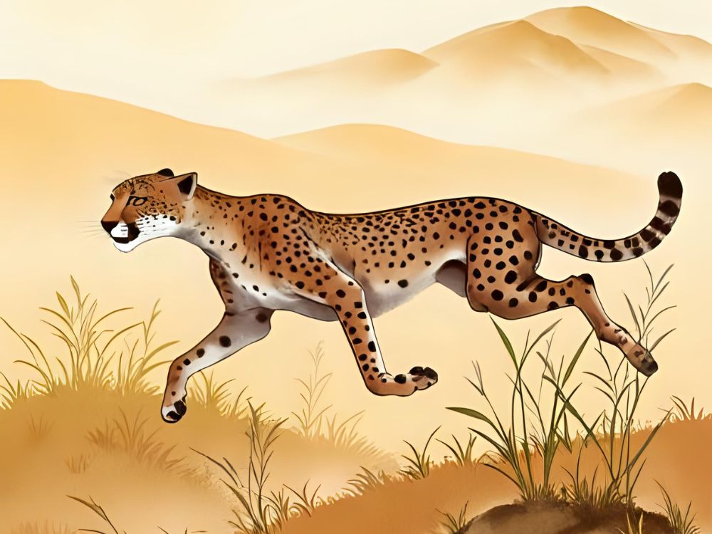Illustration of a cheetah running through a savannah landscape with distant hills.
