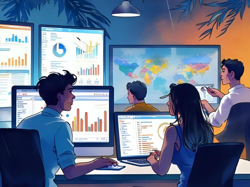 Team of professionals analyzing people analytics data and global workforce trends on multiple screens in a modern office setting.