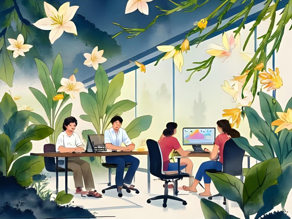 Illustration of four people collaborating in a bright, plant-filled office space, representing social innovation and strategies for improving organizational culture.