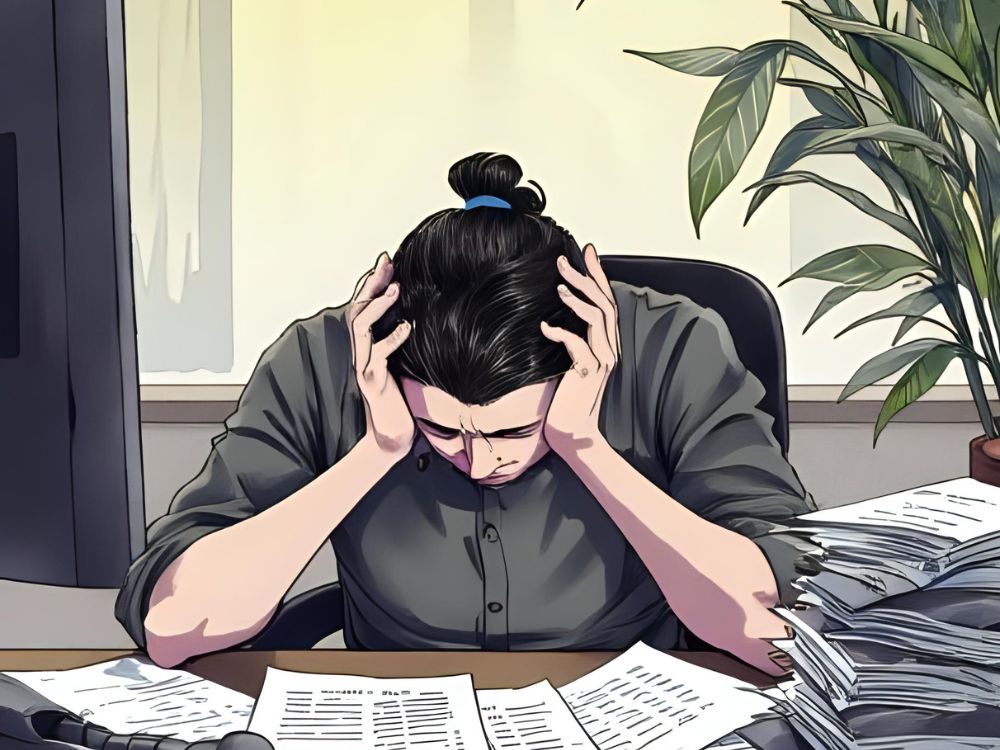 Illustratie van een gestreste werknemer met het hoofd in de handen aan een bureau vol papierwerk, symbool voor burn-out op de werkvloer.