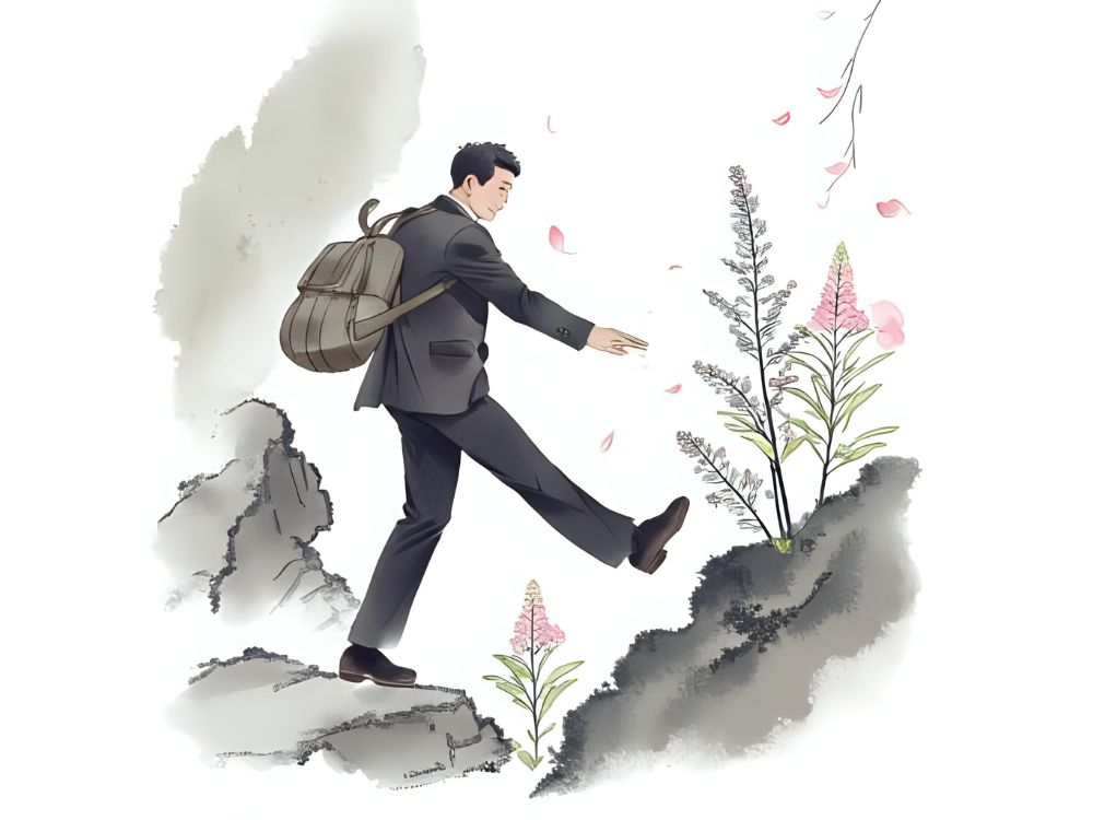 Ein Mann in Anzug mit Rucksack überquert eine felsige Schlucht in einer symbolischen Darstellung zur Lösung von Mitarbeiterfluktuation durch KI.