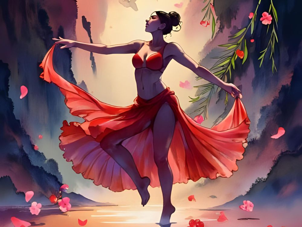 Mujer bailando con un vestido rojo en un entorno natural iluminado y rodeado de pétalos de flores.