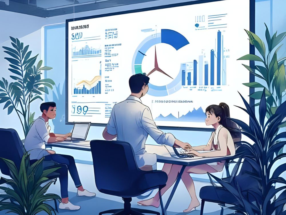 Personas trabajando con portátiles en una oficina mientras analizan gráficos de datos en una pantalla sobre aplicaciones de IA en recursos humanos.