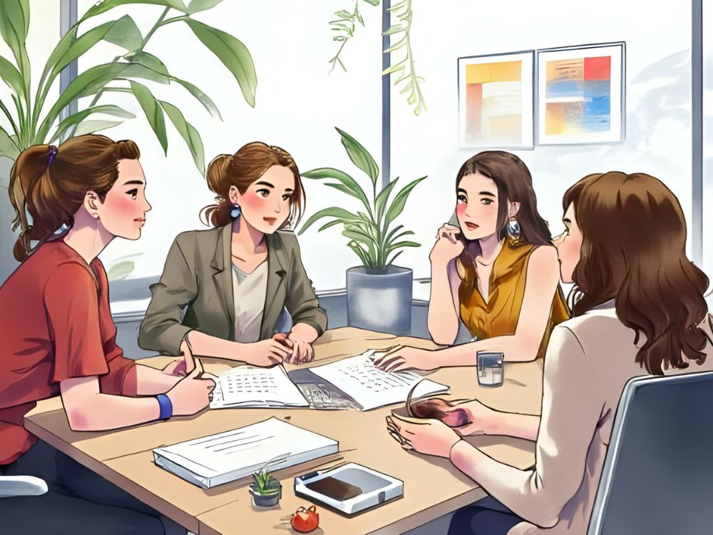 Cuatro mujeres mantienen una reunión en una oficina moderna con plantas y documentos sobre la mesa.