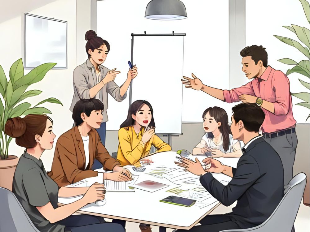 Grupo de personas en una reunión de trabajo discutiendo ideas alrededor de una mesa con documentos y una pizarra de fondo.