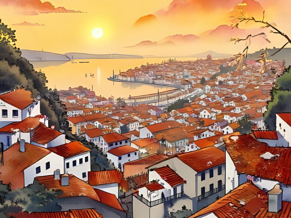 Ilustración de una ciudad costera con tejados rojos al atardecer vista desde una colina.