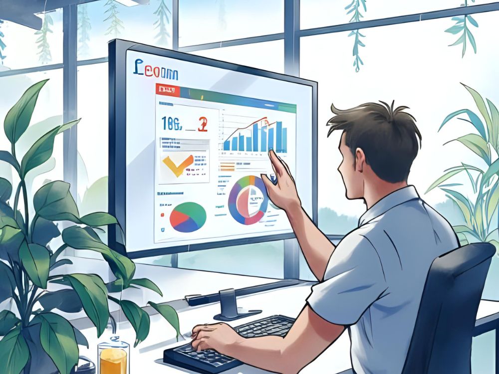 Hombre analizando gráficos de datos en una pantalla grande en una oficina luminosa con plantas.