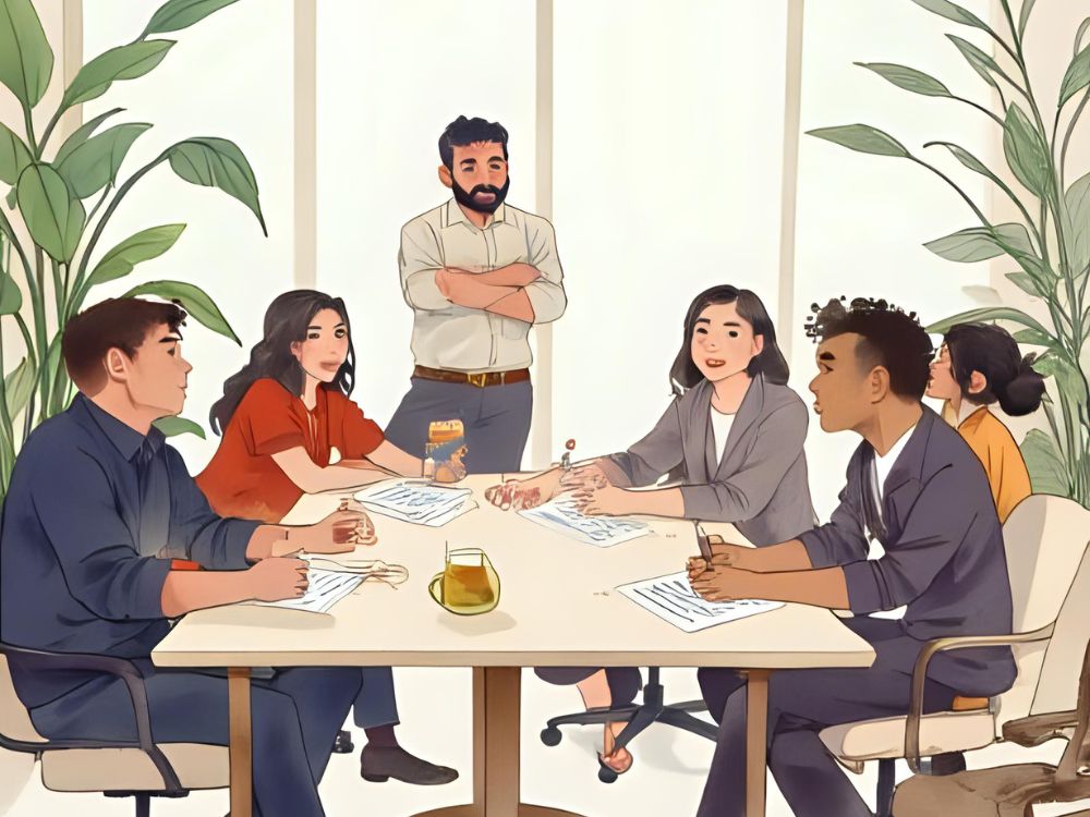 Un grupo diverso de personas participa en una reunión colaborativa sobre innovación social en una oficina luminosa.