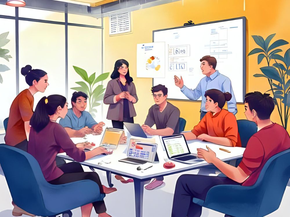 Equipo de trabajo en una sala de reuniones discutiendo actualizaciones de software frente a una pantalla con gráficos.