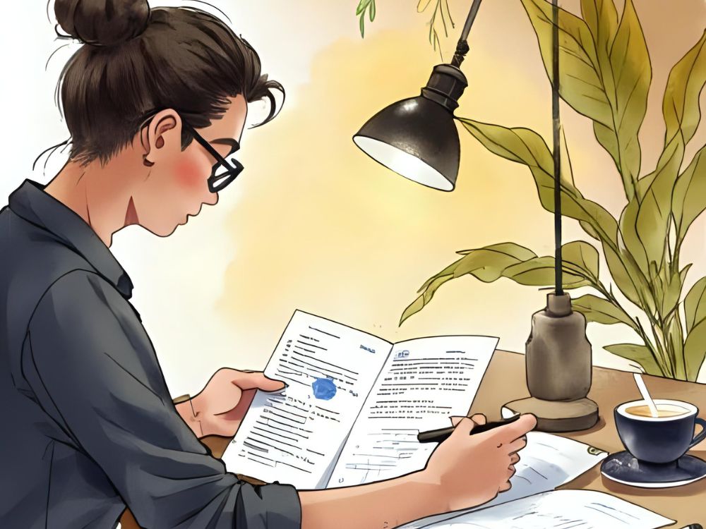 Mujer revisando los costos de una encuesta de empleados en un escritorio con café y lámpara.