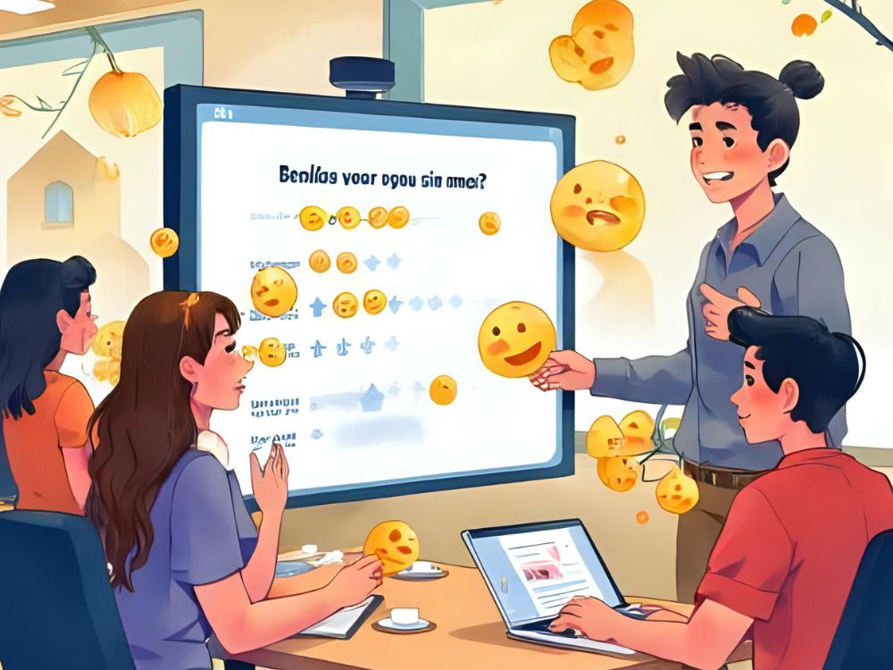 Personas en una sala de reuniones discuten una encuesta en una pantalla interactiva mientras emojis flotantes llenan el espacio.