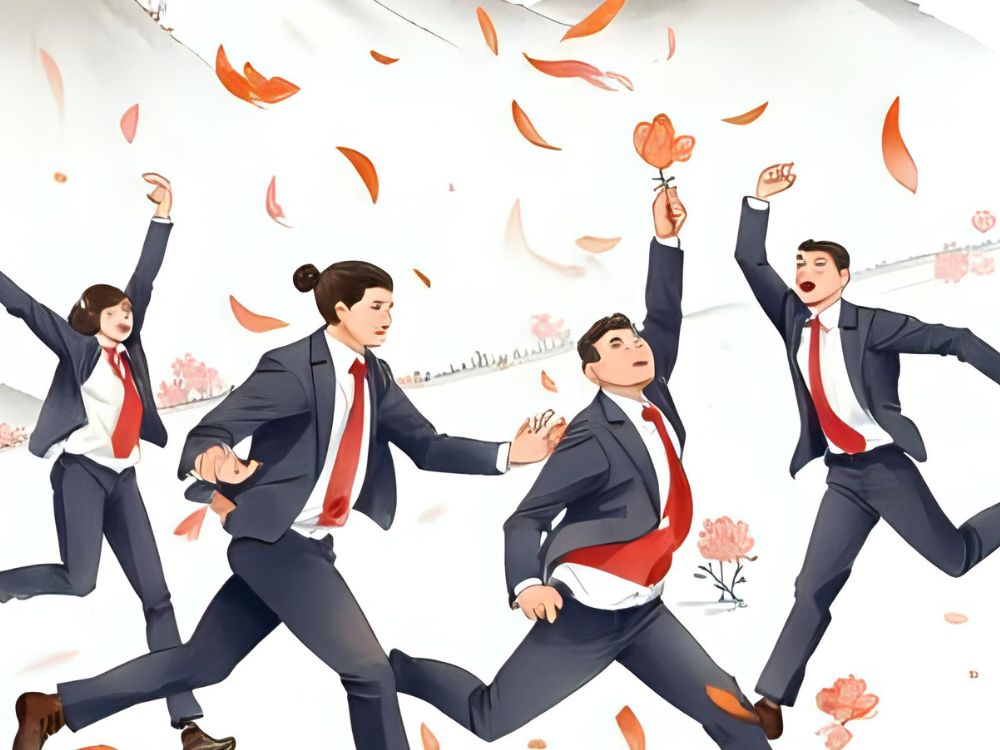 Empleados vestidos con traje corren felices entre pétalos naranjas, simbolizando el compromiso laboral.