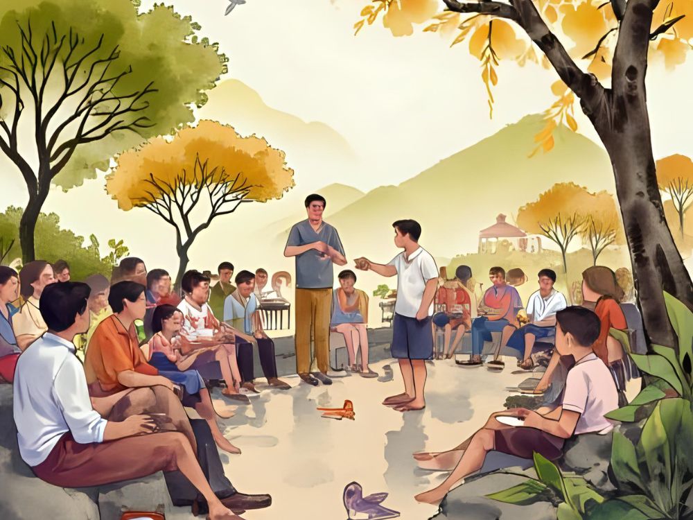 Un grupo de personas se reúne al aire libre en un círculo para debatir o intercambiar ideas en un ambiente comunitario.