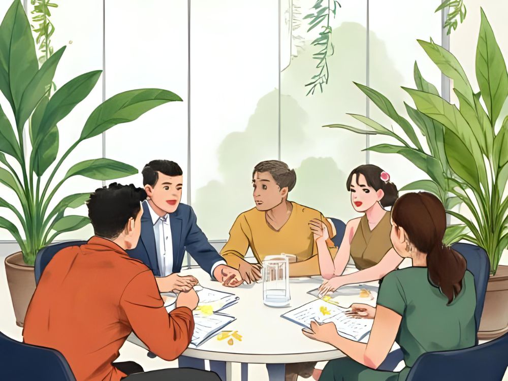 Grupo de personas teniendo una reunión alrededor de una mesa en un entorno con plantas grandes.