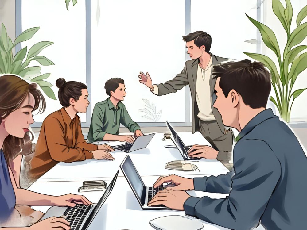 Un equipo de personas trabajando en laptops mientras un hombre de pie lidera una discusión en una oficina moderna con plantas.