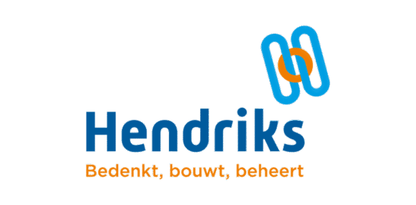 Logo van Hendriks met blauwe en oranje grafische elementen en de slogan "Bedenkt, bouwt, beheert".